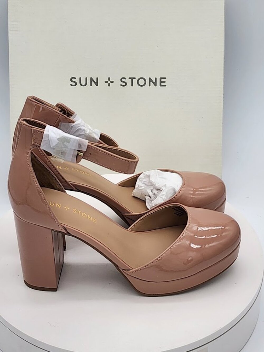 Sun + Stone Birdey Peony Patent Platform Ankle Strap Heels Size 8 - Picture 3 of 10